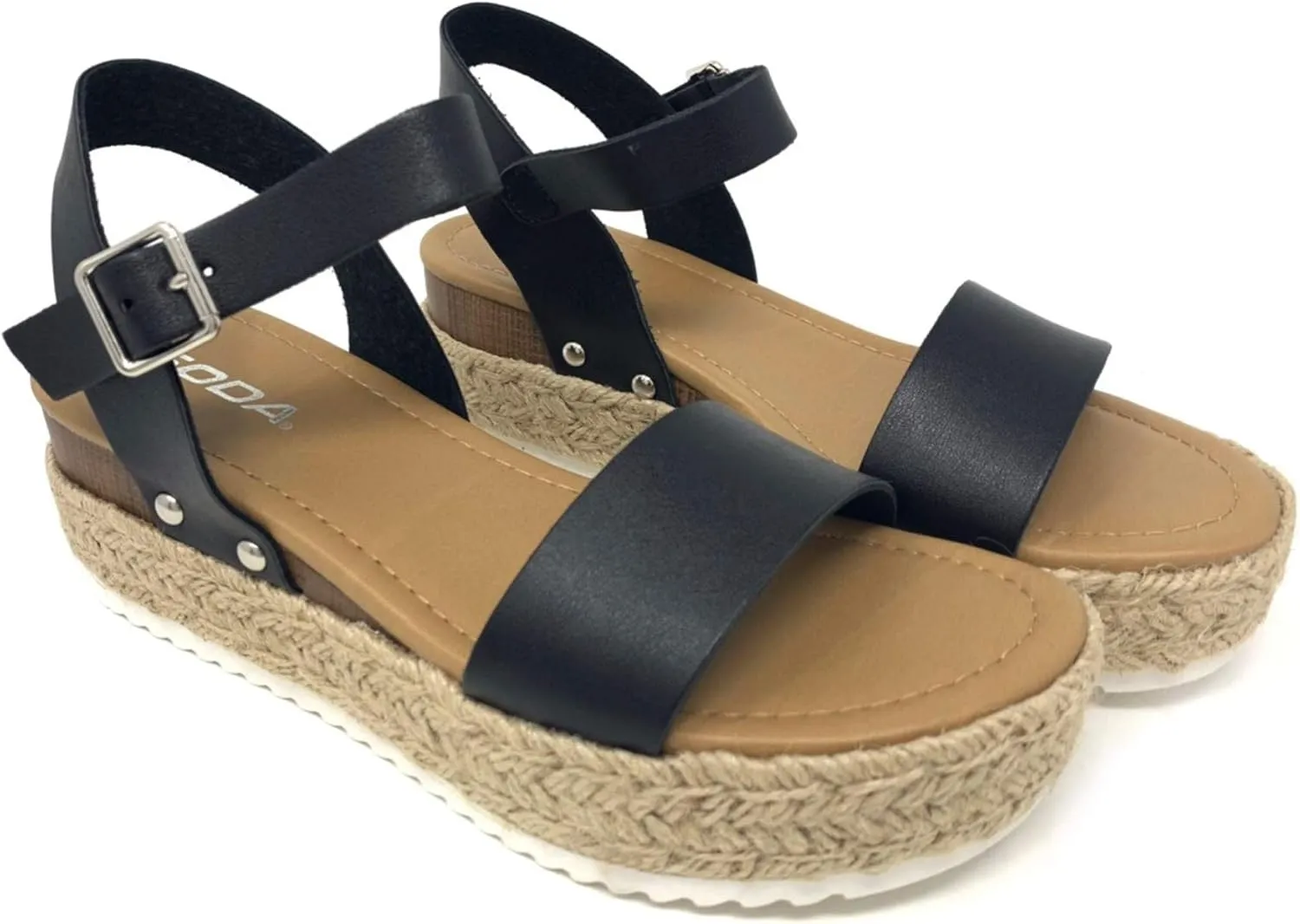 Soda Clip Black Vegan Leather Casual Espadrilles Trim Platform Heeled Sandals
