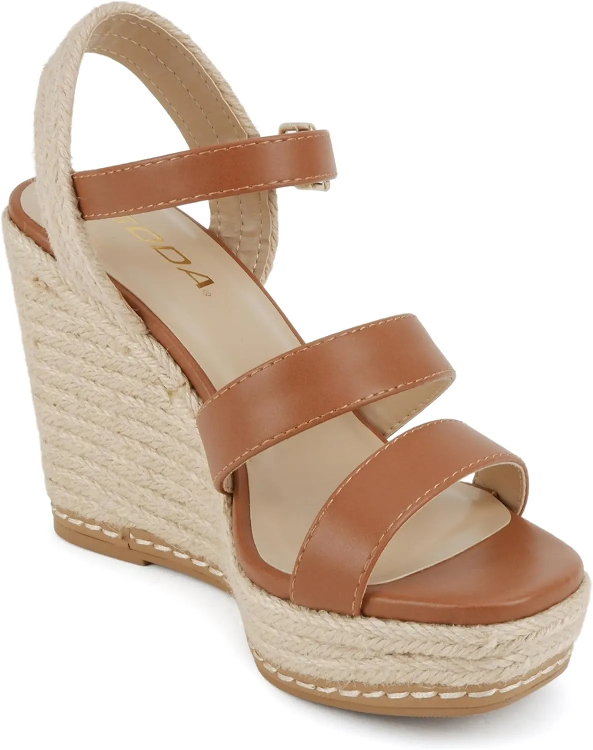 Soda “Lavina” ~ Women Open Square Toe Multi Band High Heel Espadrille Wedge Sandal with Adjustable Ankle Strap