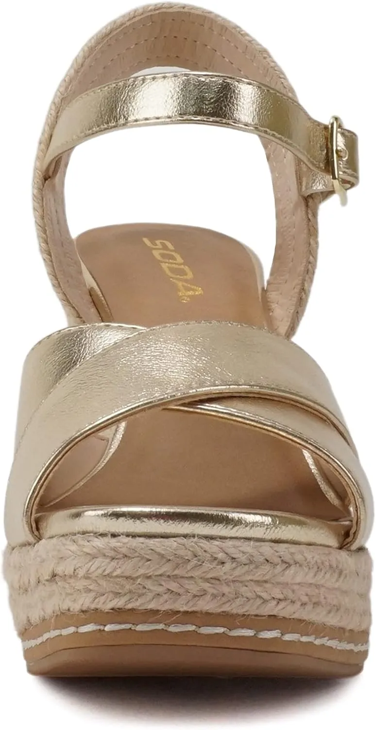 Soda MELANY ~ Women Open Toe Crisscross Two Bands Upper Ankle Strap High Heel Espadrille Wedge Sandal