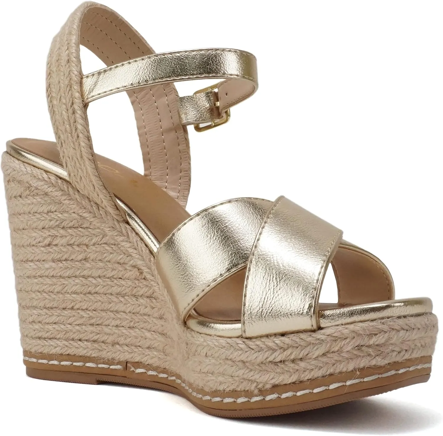 Soda MELANY ~ Women Open Toe Crisscross Two Bands Upper Ankle Strap High Heel Espadrille Wedge Sandal