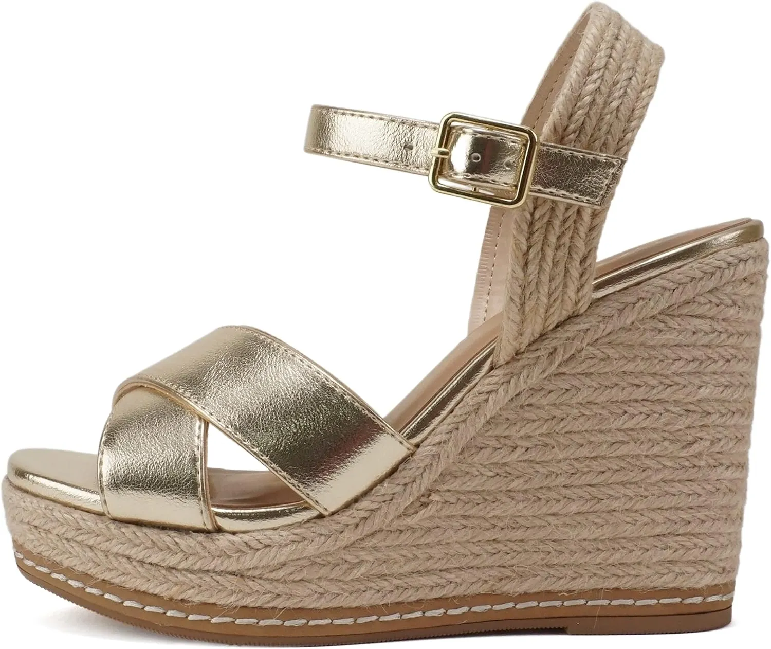 Soda MELANY ~ Women Open Toe Crisscross Two Bands Upper Ankle Strap High Heel Espadrille Wedge Sandal