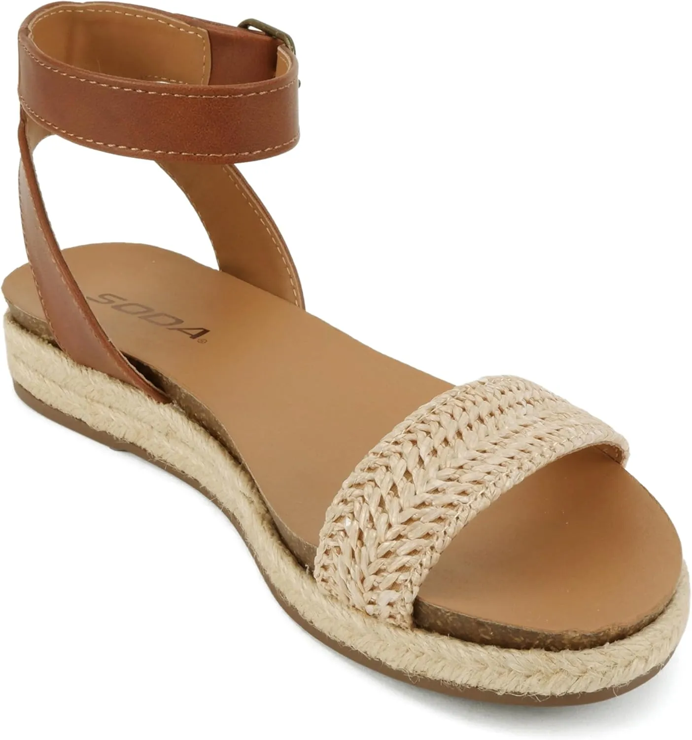 Soda Tacoma ~ Open Toe Single Bands Espadrille Jute Flat Casual Fashion Sandals with Buckle Ankle Strap