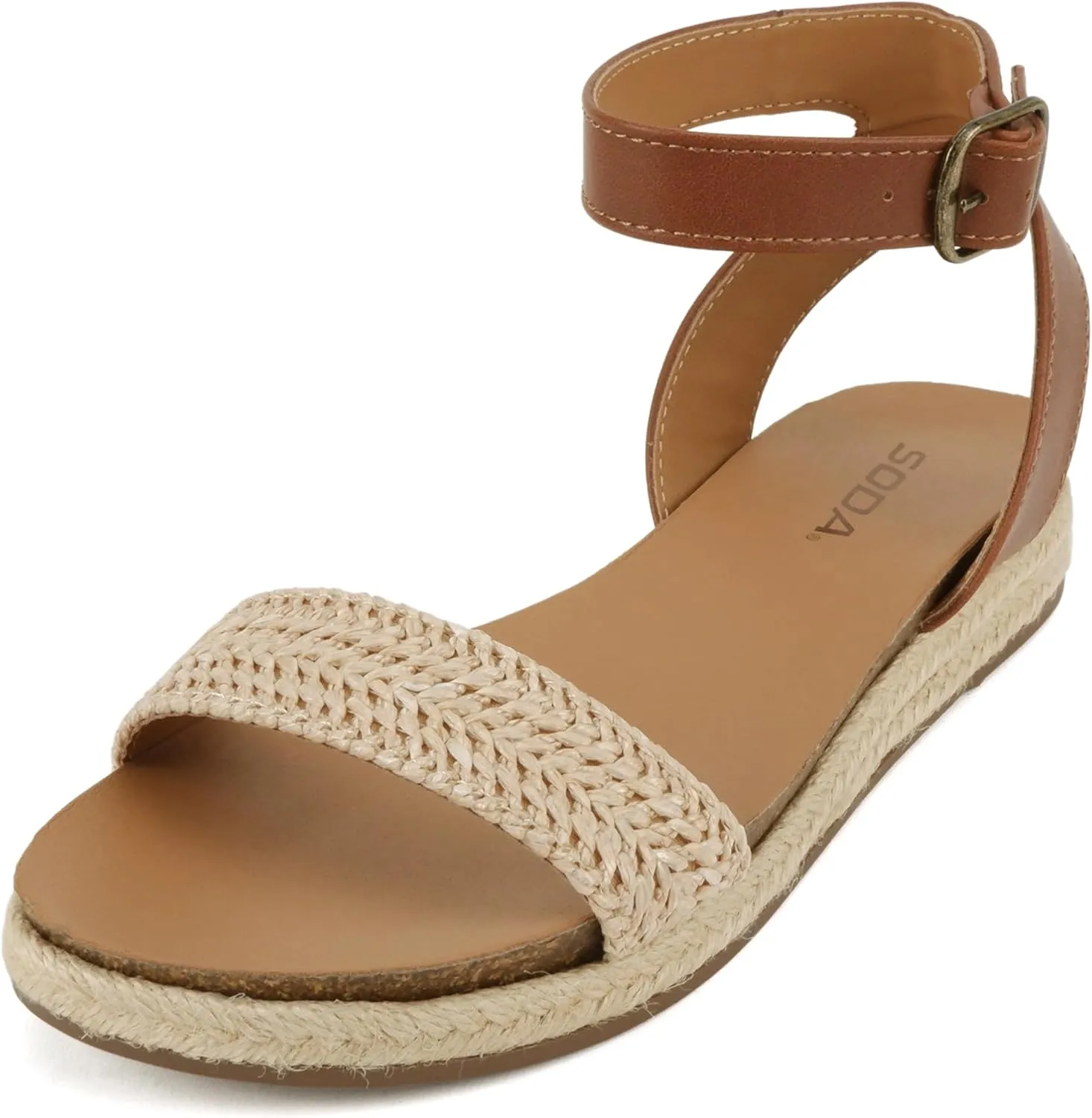 Soda Tacoma ~ Open Toe Single Bands Espadrille Jute Flat Casual Fashion Sandals with Buckle Ankle Strap