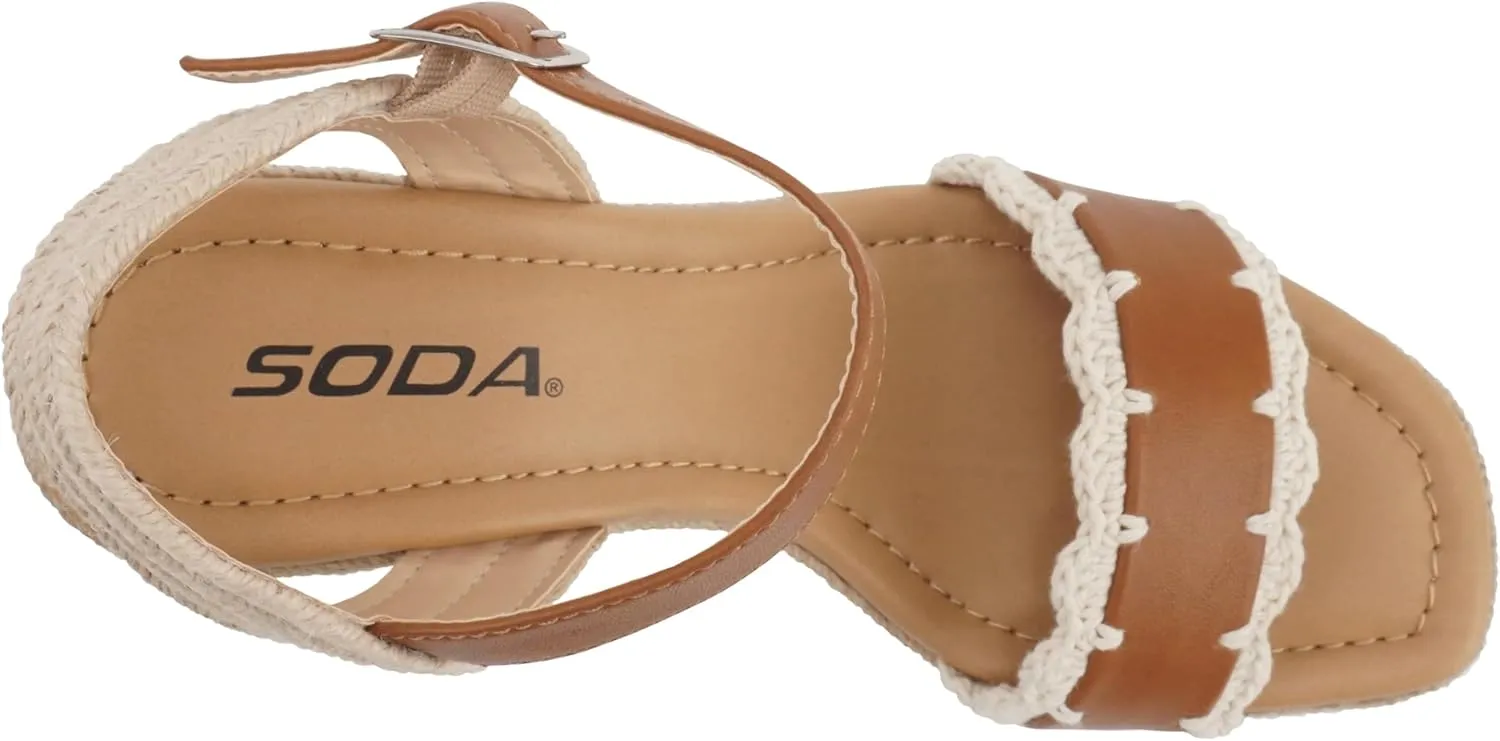 Soda “Virtual” ~ Women Square Toe Woven Single Band Espadrille Wedge Sandal with Adjustable Ankle Strap