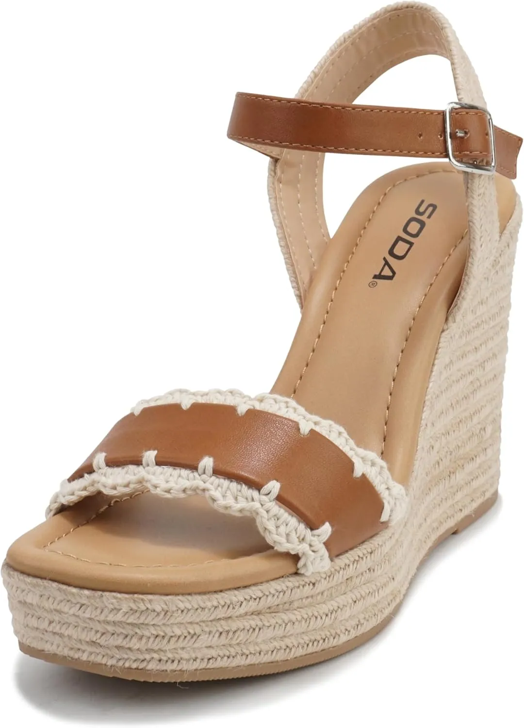 Soda “Virtual” ~ Women Square Toe Woven Single Band Espadrille Wedge Sandal with Adjustable Ankle Strap
