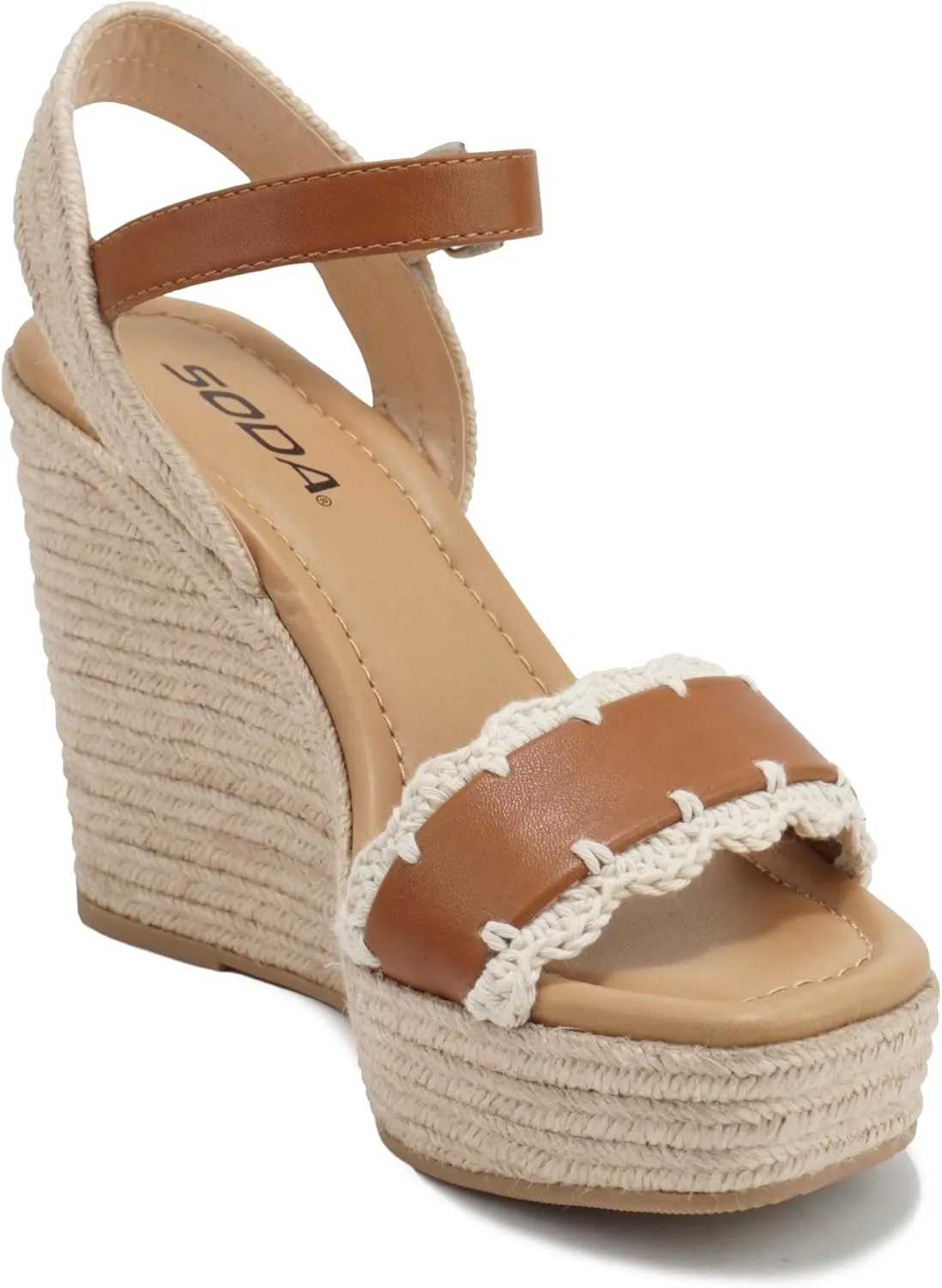Soda “Virtual” ~ Women Square Toe Woven Single Band Espadrille Wedge Sandal with Adjustable Ankle Strap