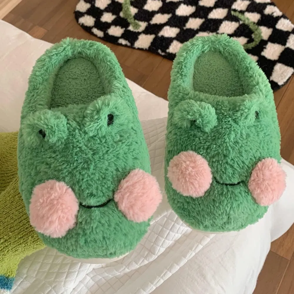 Soft Fuzzy Frog Animal House Slippers, Cozy Warm Slip on Home Shoes for Women Indoor Fluffy Outdoor Slippers with Anti-Skid Rubber Sole