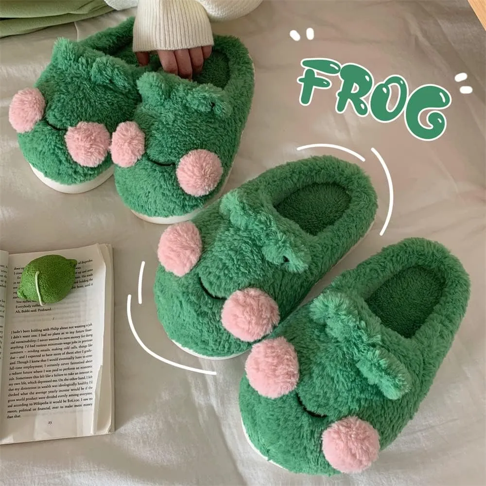 Soft Fuzzy Frog Animal House Slippers, Cozy Warm Slip on Home Shoes for Women Indoor Fluffy Outdoor Slippers with Anti-Skid Rubber Sole