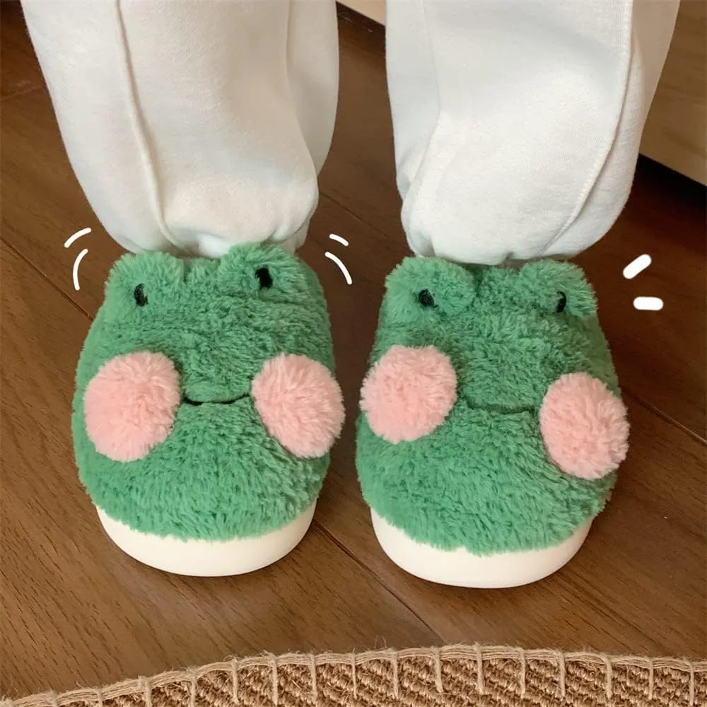 Soft Fuzzy Frog Animal House Slippers, Cozy Warm Slip on Home Shoes for Women Indoor Fluffy Outdoor Slippers with Anti-Skid Rubber Sole