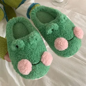 Soft Fuzzy Frog Animal House Slippers, Cozy Warm Slip on Home Shoes for Women Indoor Fluffy Outdoor Slippers with Anti-Skid Rubber Sole