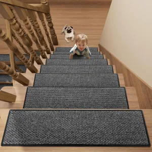Stair Treads Carpet 4 pcs for Wooden Steps with Non Slip Rubber Backing, 100% Polyester Soft Stairs Resistant Indoor Skid Runner Safety Rugs for Kids Elders and Pets 30" * 8" (Dark Gray)