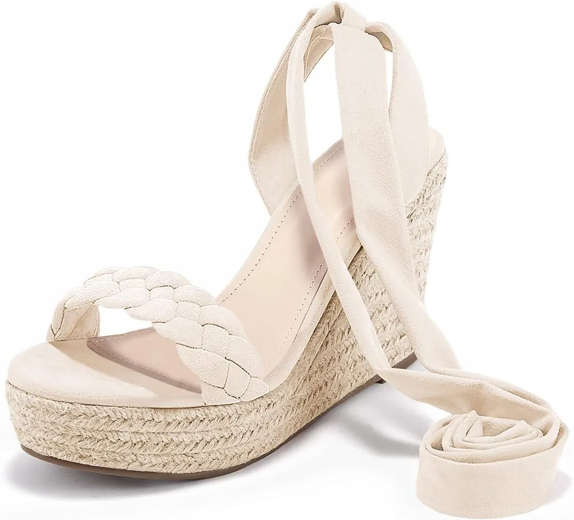 Syktkmx Womens Braided Wedge Espadrille Sandals Lace Up Slingback Open Toe Summer Platform Heeled Shoes