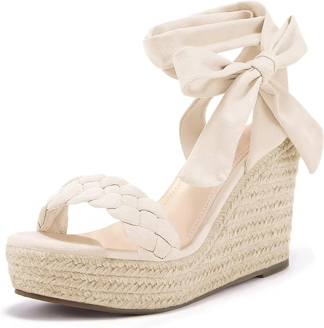 Syktkmx Womens Braided Wedge Espadrille Sandals Lace Up Slingback Open Toe Summer Platform Heeled Shoes