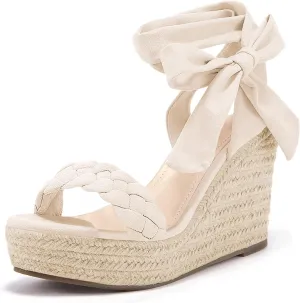 Syktkmx Womens Braided Wedge Espadrille Sandals Lace Up Slingback Open Toe Summer Platform Heeled Shoes