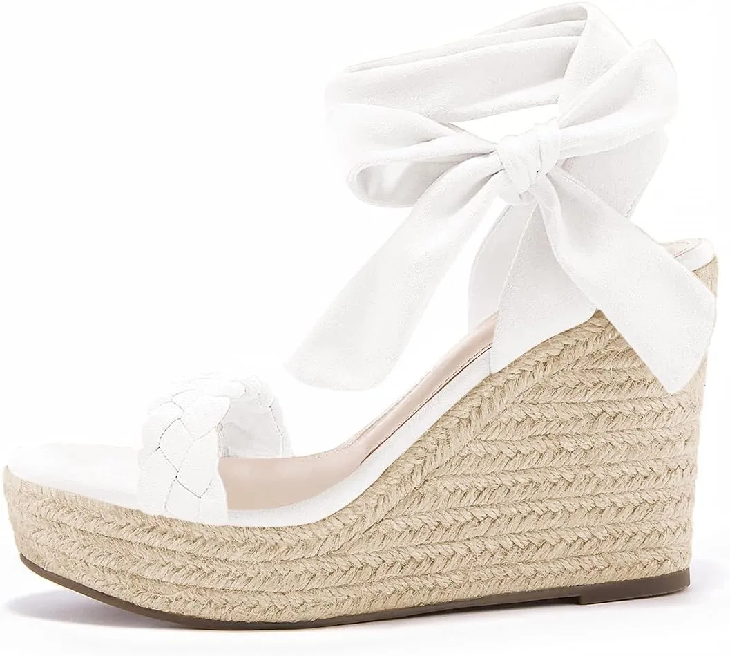 Syktkmx Womens Braided Wedge Espadrille Sandals Lace Up Slingback Open Toe Summer Platform Heeled Shoes