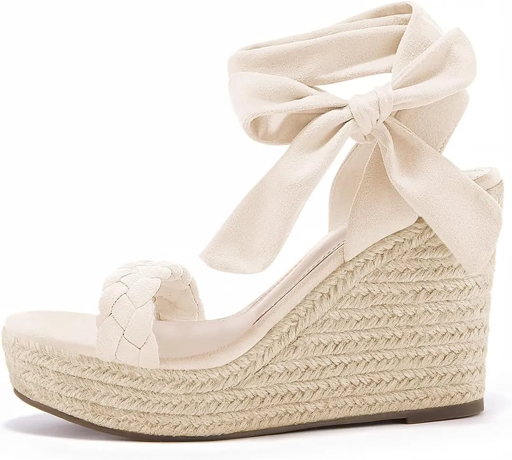 Syktkmx Womens Braided Wedge Espadrille Sandals Lace Up Slingback Open Toe Summer Platform Heeled Shoes