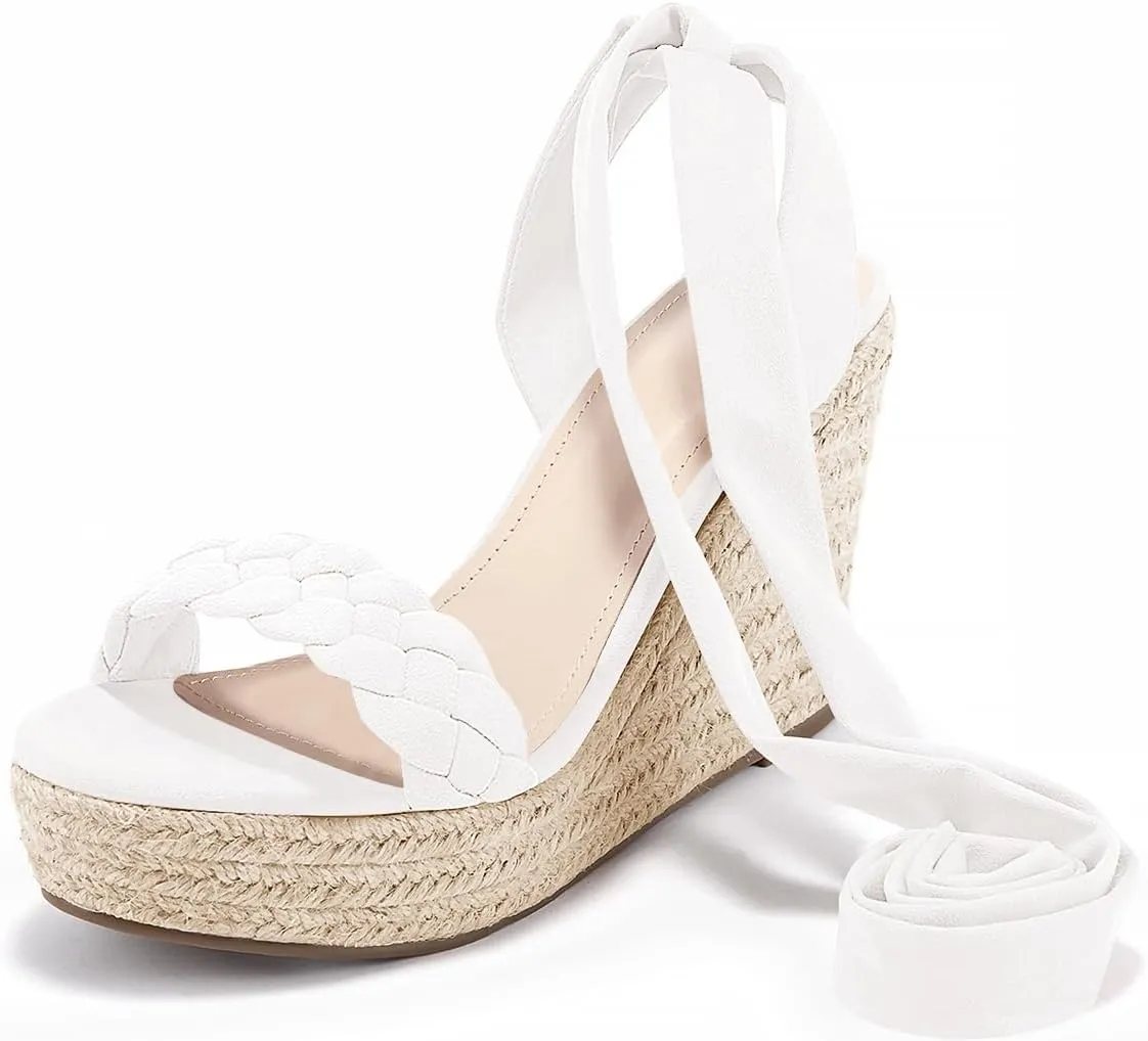 Syktkmx Womens Braided Wedge Espadrille Sandals Lace Up Slingback Open Toe Summer Platform Heeled Shoes