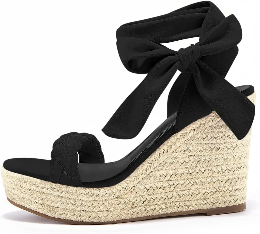 Syktkmx Womens Braided Wedge Espadrille Sandals Lace Up Slingback Open Toe Summer Platform Heeled Shoes