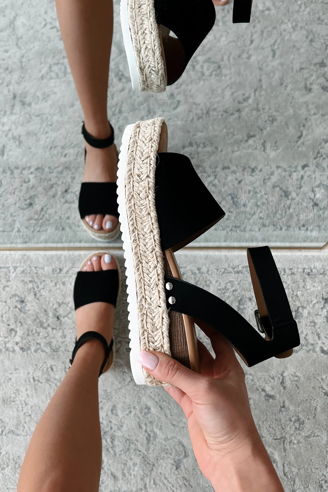 The Hottest Topic Open Toe Espadrille Platform Sandals (Black Nubuck)