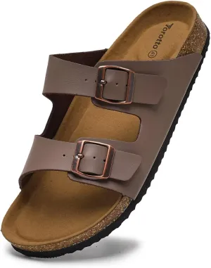Torotto Genuine Leather Mens Slides with Cork Footbed Open Toe Adjustable Webbing Flat Sandals for Walking | Beach | Indoor