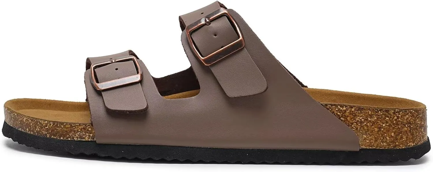 Torotto Genuine Leather Mens Slides with Cork Footbed Open Toe Adjustable Webbing Flat Sandals for Walking | Beach | Indoor