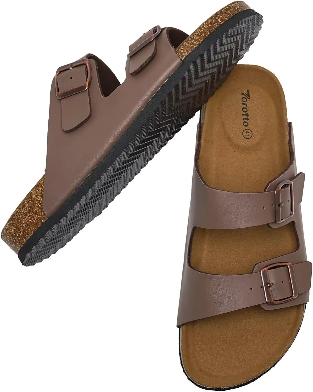 Torotto Genuine Leather Mens Slides with Cork Footbed Open Toe Adjustable Webbing Flat Sandals for Walking | Beach | Indoor