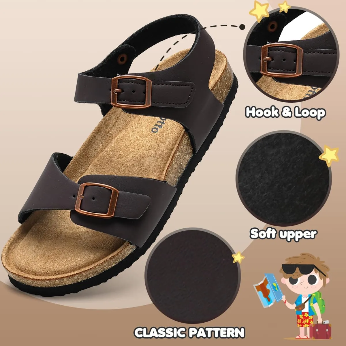 Torotto Girls Boys Sandals with Cork Footbed Adjustable Buckle Casual Slides Sandals Open Toes Flat for Kids Toddler