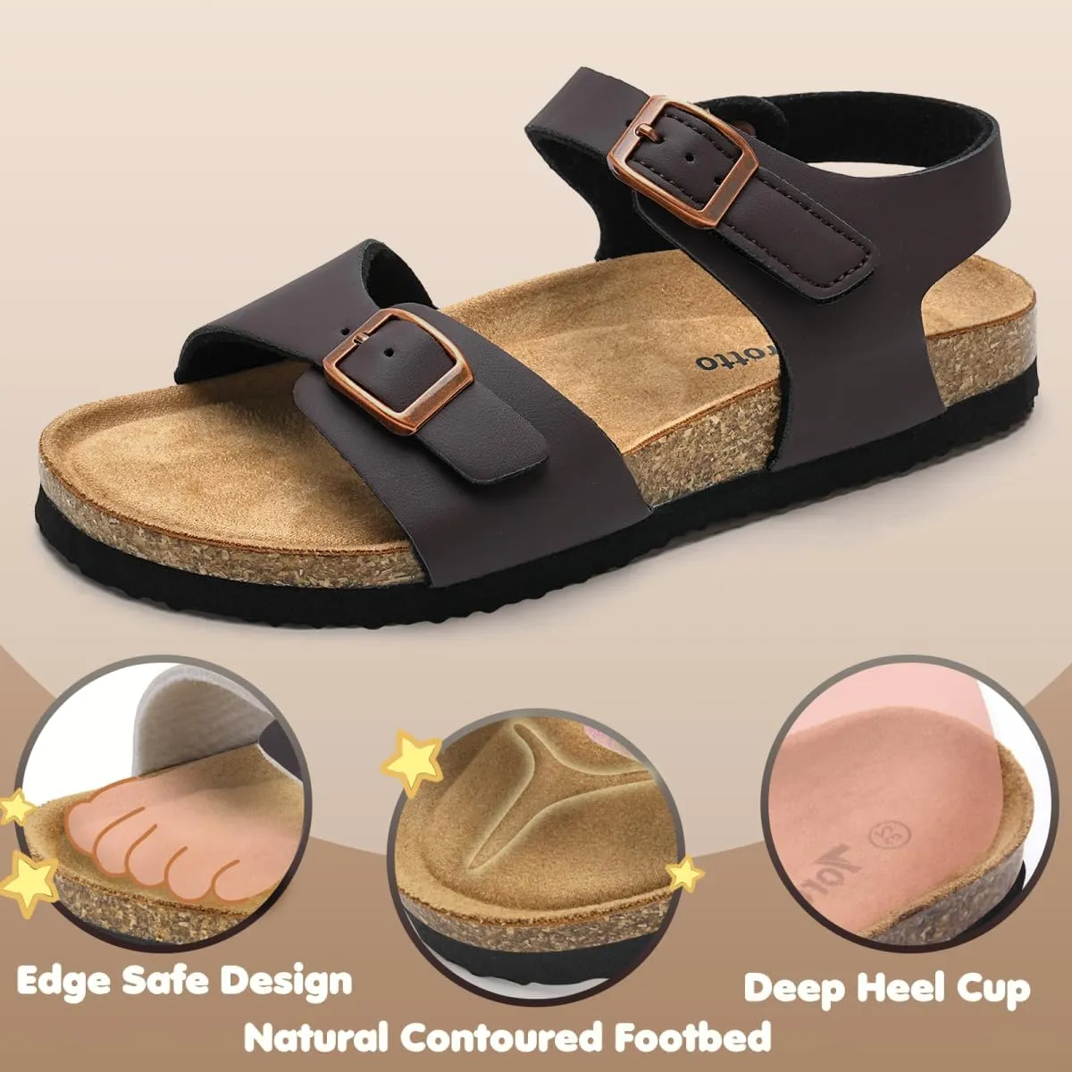 Torotto Girls Boys Sandals with Cork Footbed Adjustable Buckle Casual Slides Sandals Open Toes Flat for Kids Toddler