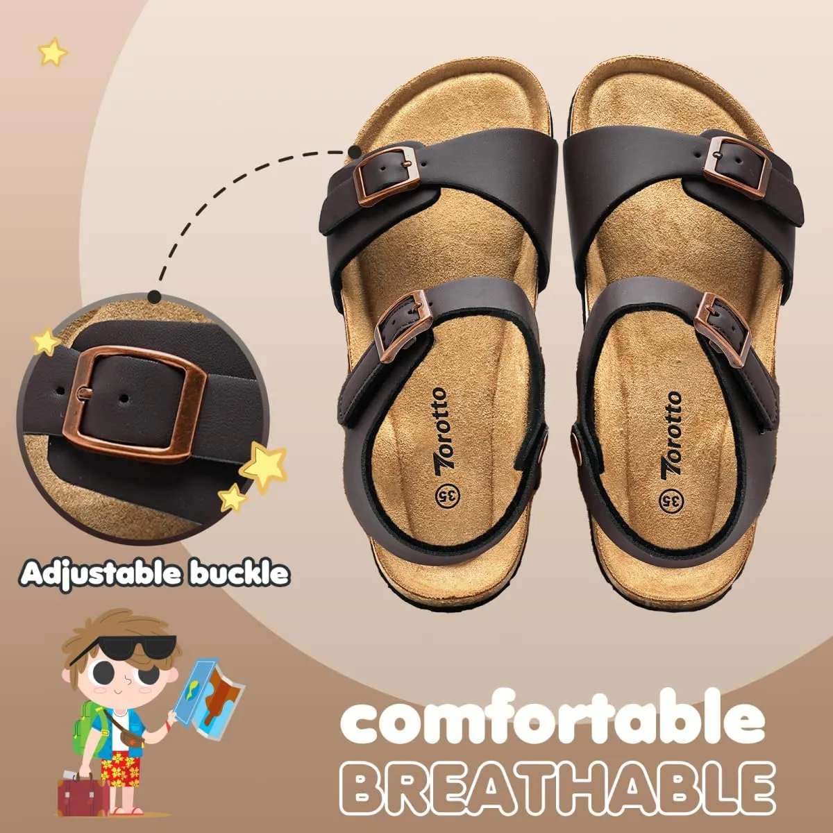 Torotto Girls Boys Sandals with Cork Footbed Adjustable Buckle Casual Slides Sandals Open Toes Flat for Kids Toddler