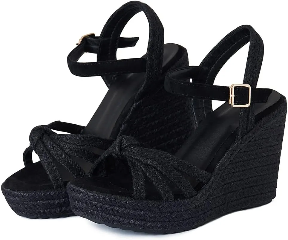 Tscoyuki Espadrille Wedge Sandals for Women, Adjustable Ankle Strappy Cute Shoes Open Toe Platform Womens Sandals Casual Sloping High Heels