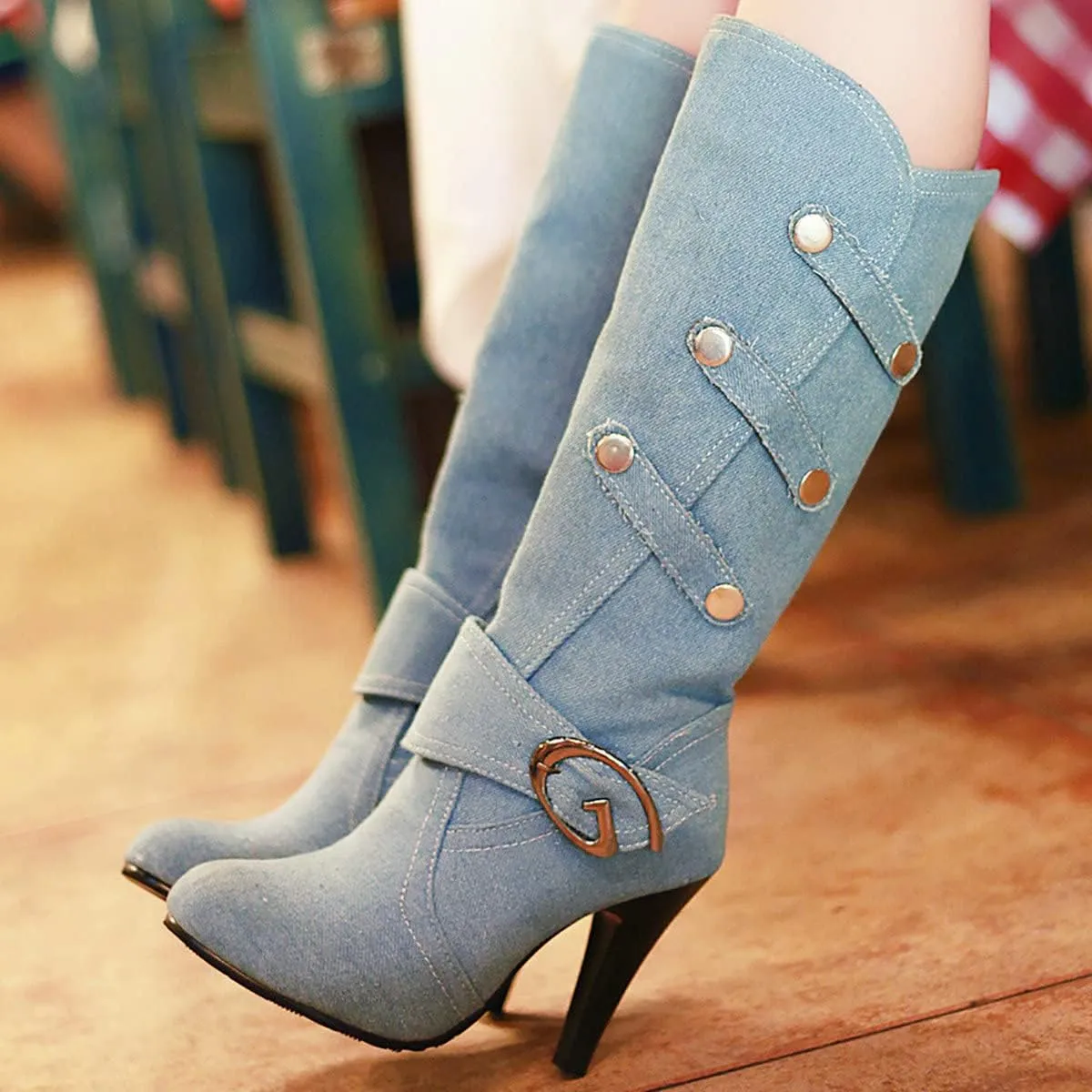 Uniquelly Womens Denim Knee High Boots Stiletto High Heel Mid Calf Slip On Round Toe Classic Retro Winter Shoes