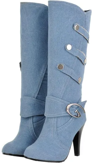 Uniquelly Womens Denim Knee High Boots Stiletto High Heel Mid Calf Slip On Round Toe Classic Retro Winter Shoes