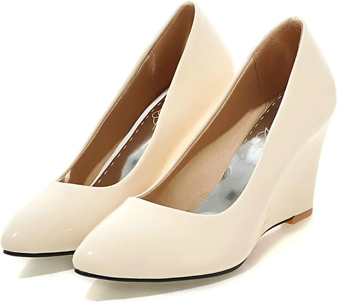 Uniquelly Womens Wedge Patent Leather Pumps High Heel Pointed Toe Slip On Fashion Uniform Dress Shoes