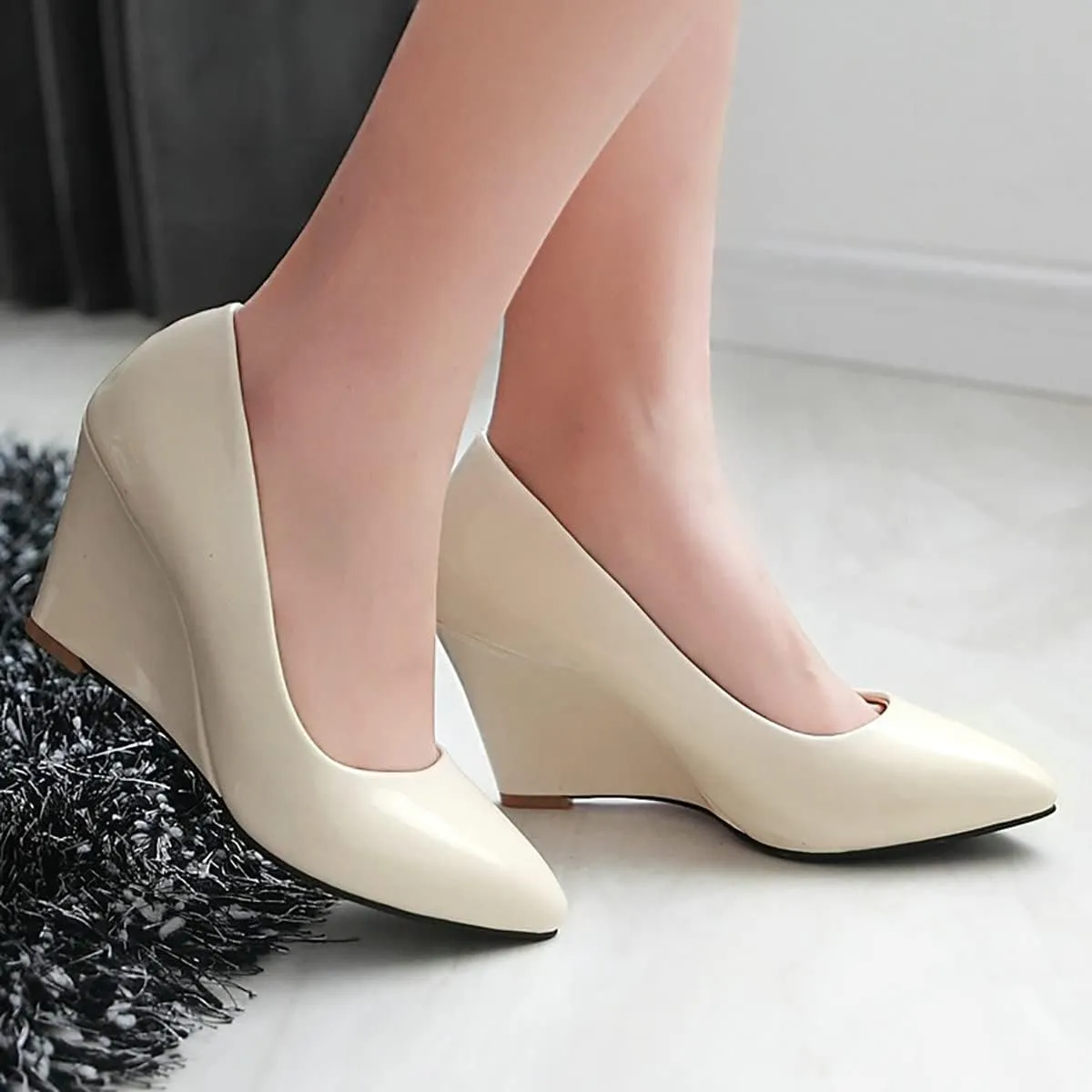 Uniquelly Womens Wedge Patent Leather Pumps High Heel Pointed Toe Slip On Fashion Uniform Dress Shoes