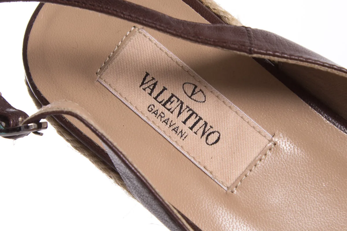 Valentino Brown Leather Open-Toe Wedge SZ 36