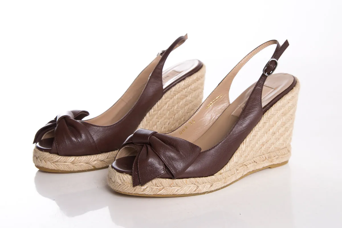 Valentino Brown Leather Open-Toe Wedge SZ 36