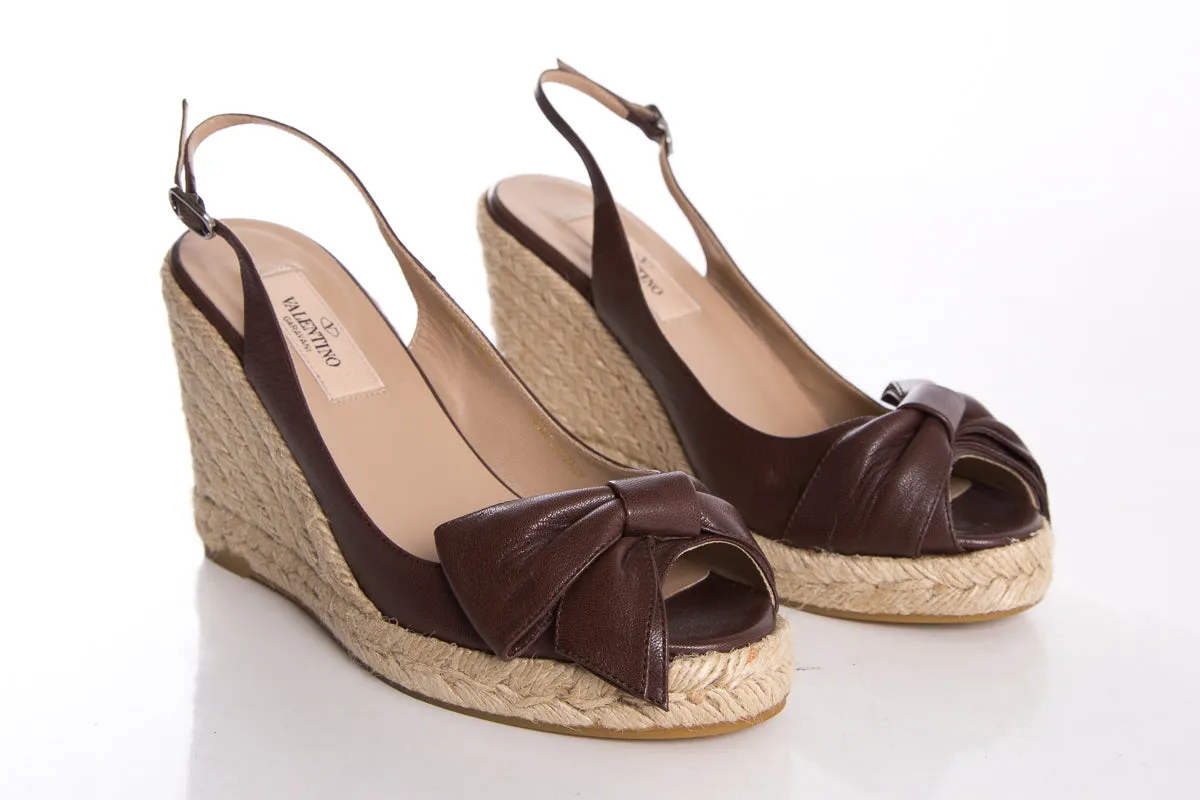 Valentino Brown Leather Open-Toe Wedge SZ 36