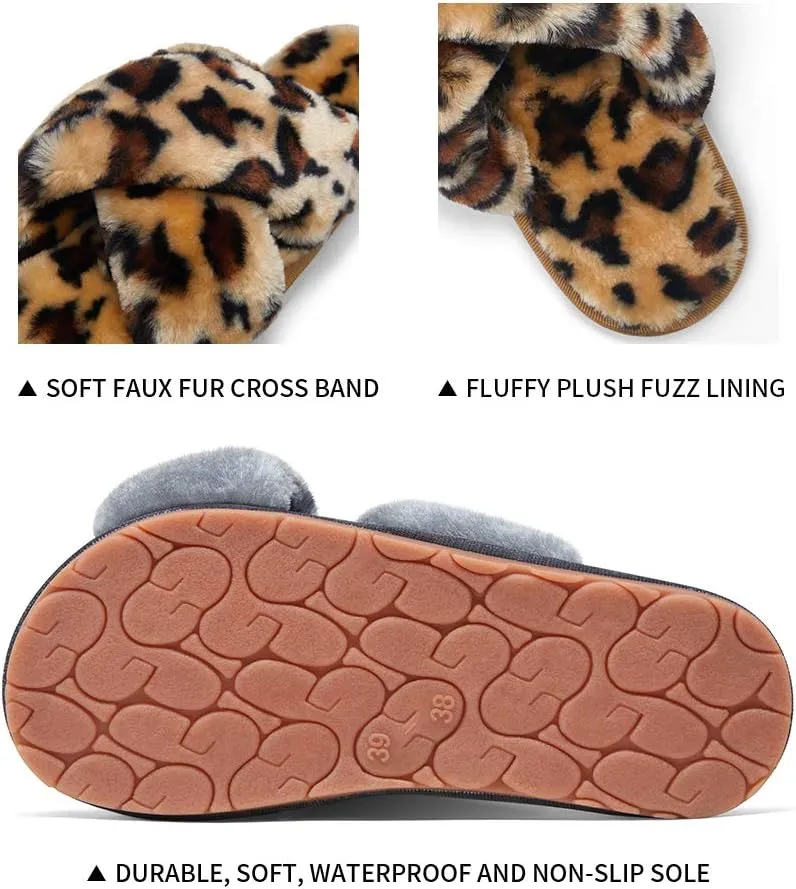 Vepose Women's 801 Cross Band Slippers, Soft Plush Furry Open Toe Fur Slides, Fuzzy Fluffy Slip on House Shoes Indoor Outdoor Slippers