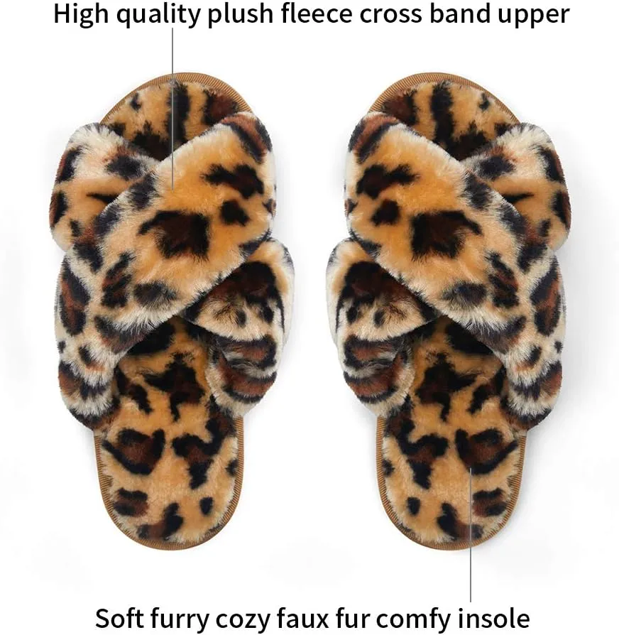 Vepose Women's 801 Cross Band Slippers, Soft Plush Furry Open Toe Fur Slides, Fuzzy Fluffy Slip on House Shoes Indoor Outdoor Slippers