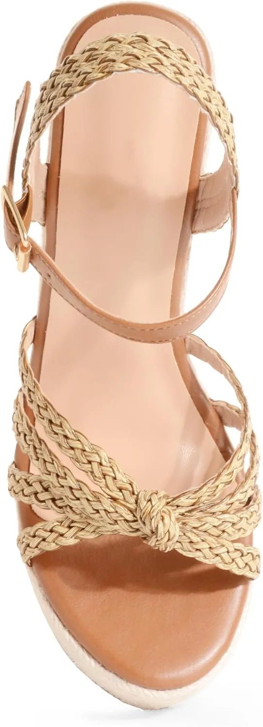 Wedge Sandals for Women with Woven Raffia Upper, High Heel Espadrille Platform Sandals with Braided Knot Ankle Strap Sandals
