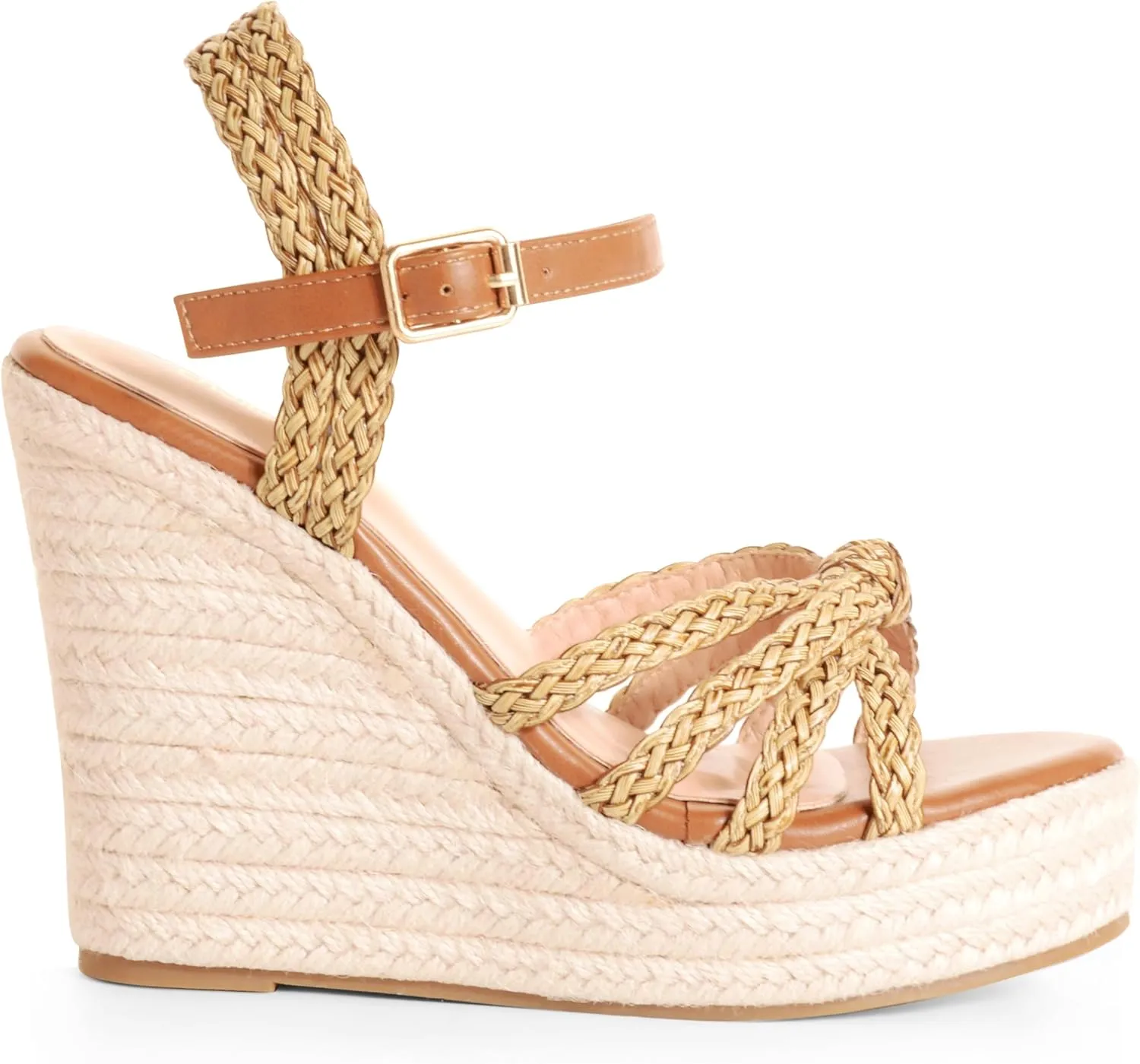 Wedge Sandals for Women with Woven Raffia Upper, High Heel Espadrille Platform Sandals with Braided Knot Ankle Strap Sandals