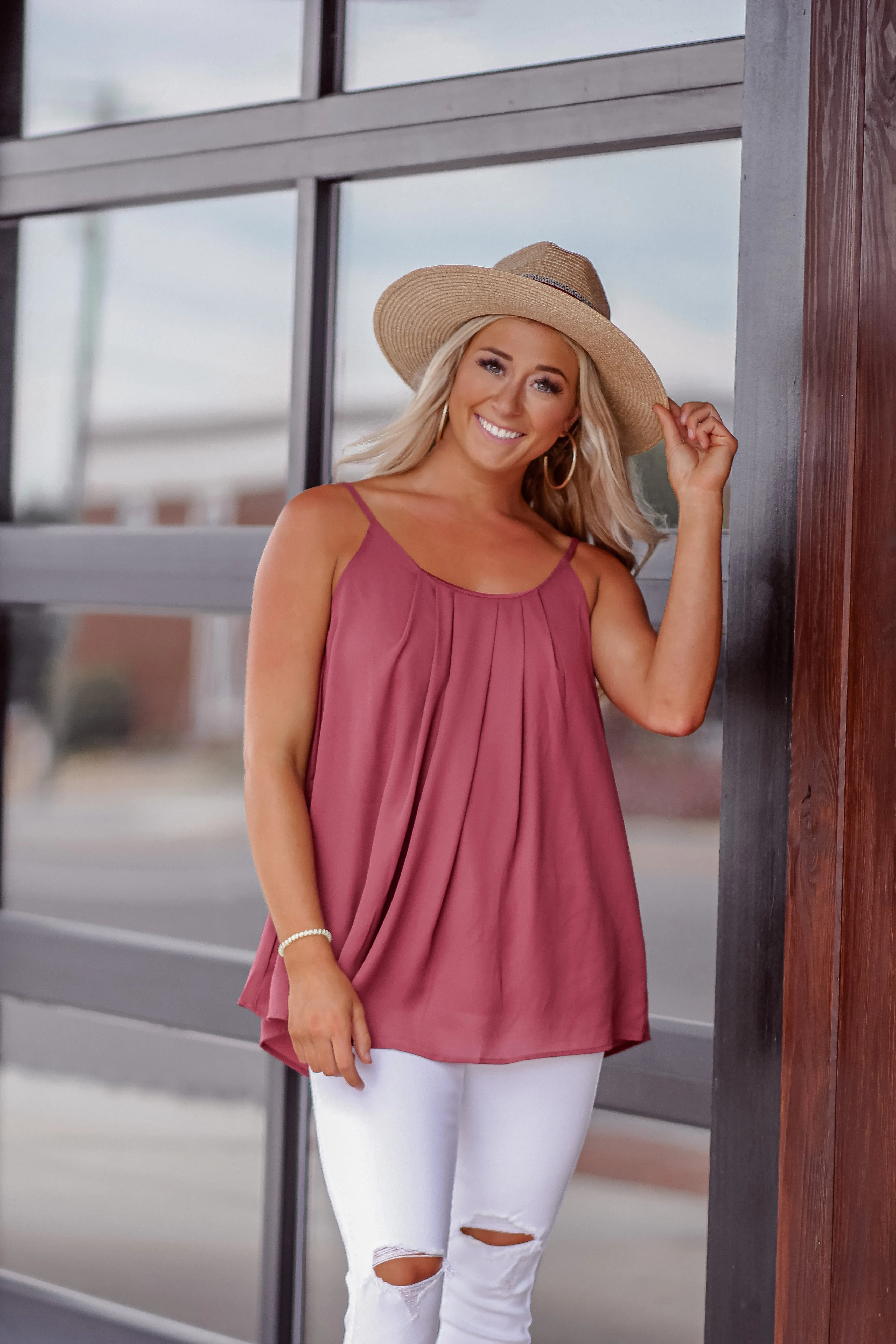 Wine Pleated Woven Tank