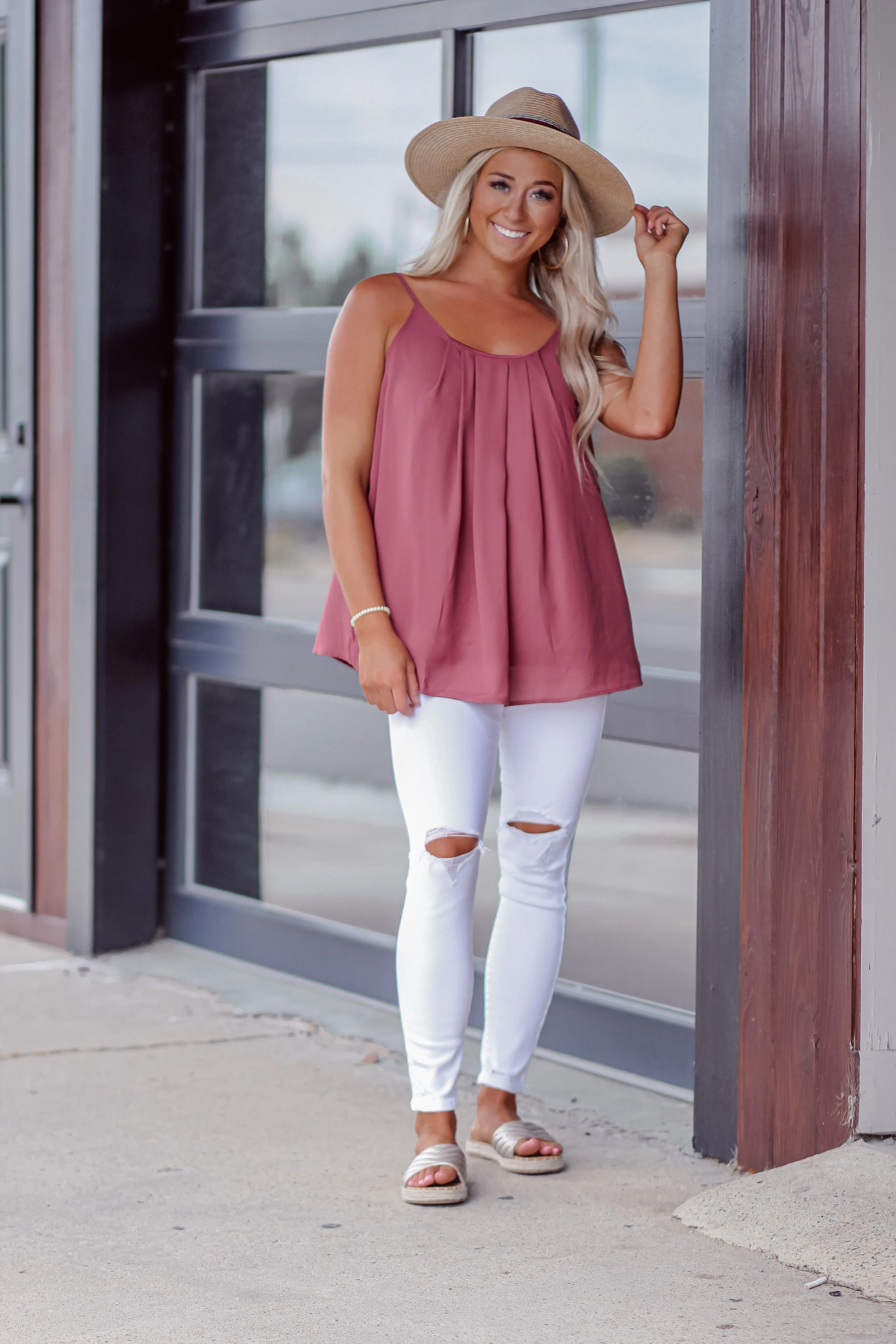 Wine Pleated Woven Tank