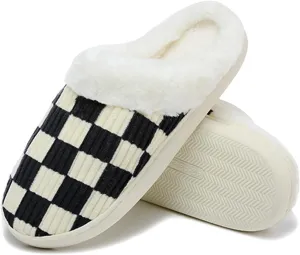 Women House Fuzzy Slippers - Plaid Scuff Checkered Slip-on Memory Foam Indoor Outdoor Comfortable Soft Slides