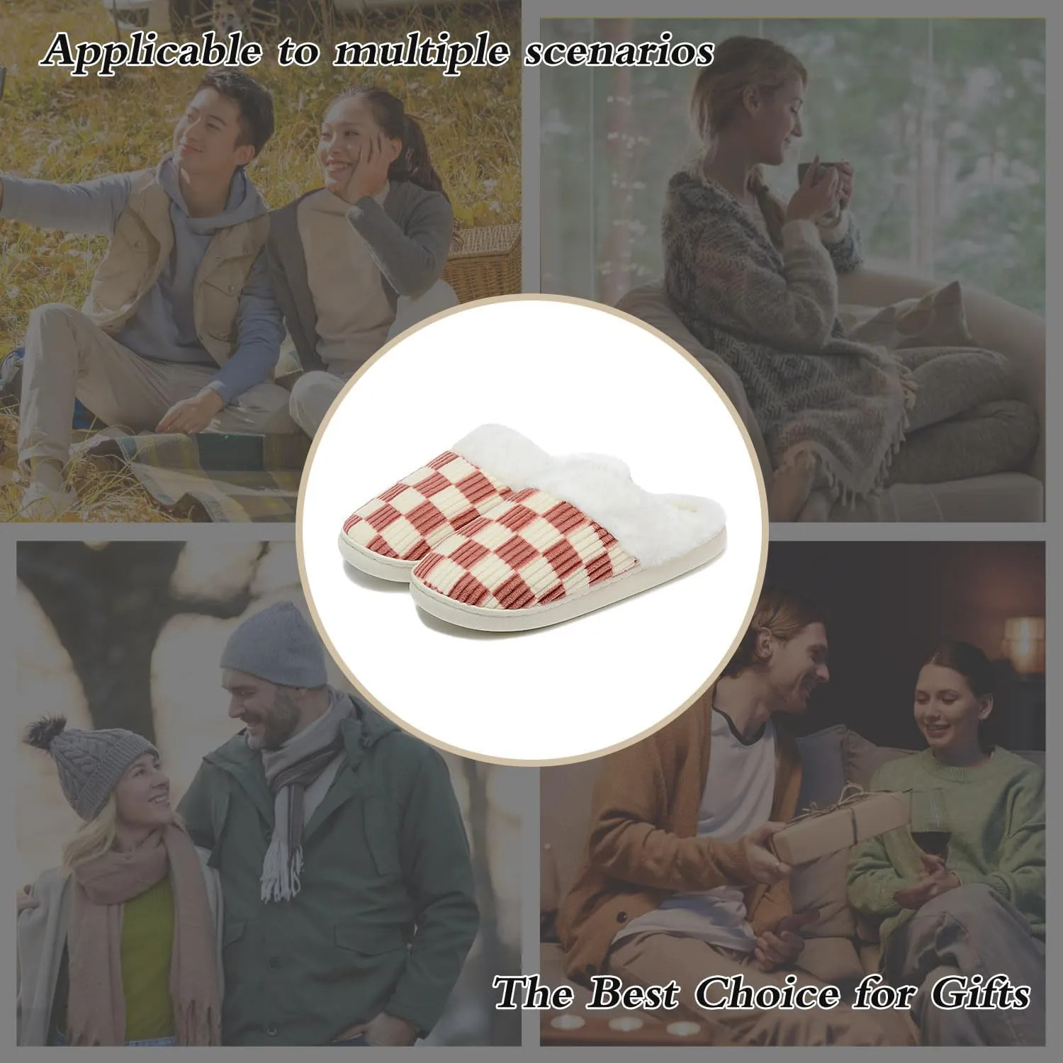 Women House Fuzzy Slippers - Plaid Scuff Checkered Slip-on Memory Foam Indoor Outdoor Comfortable Soft Slides