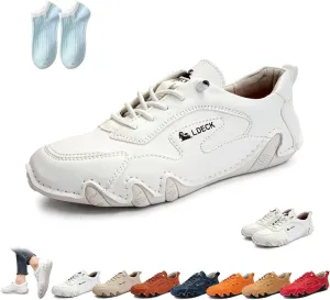 Women Italian Handmade Leather Walking Shoes, Outdoor Waterproof Non Slip Beck Shoes Casual Lightweight Comfortable Slip-on Minimalist Sneakers Soft Soled Loafers(White,US 10)
