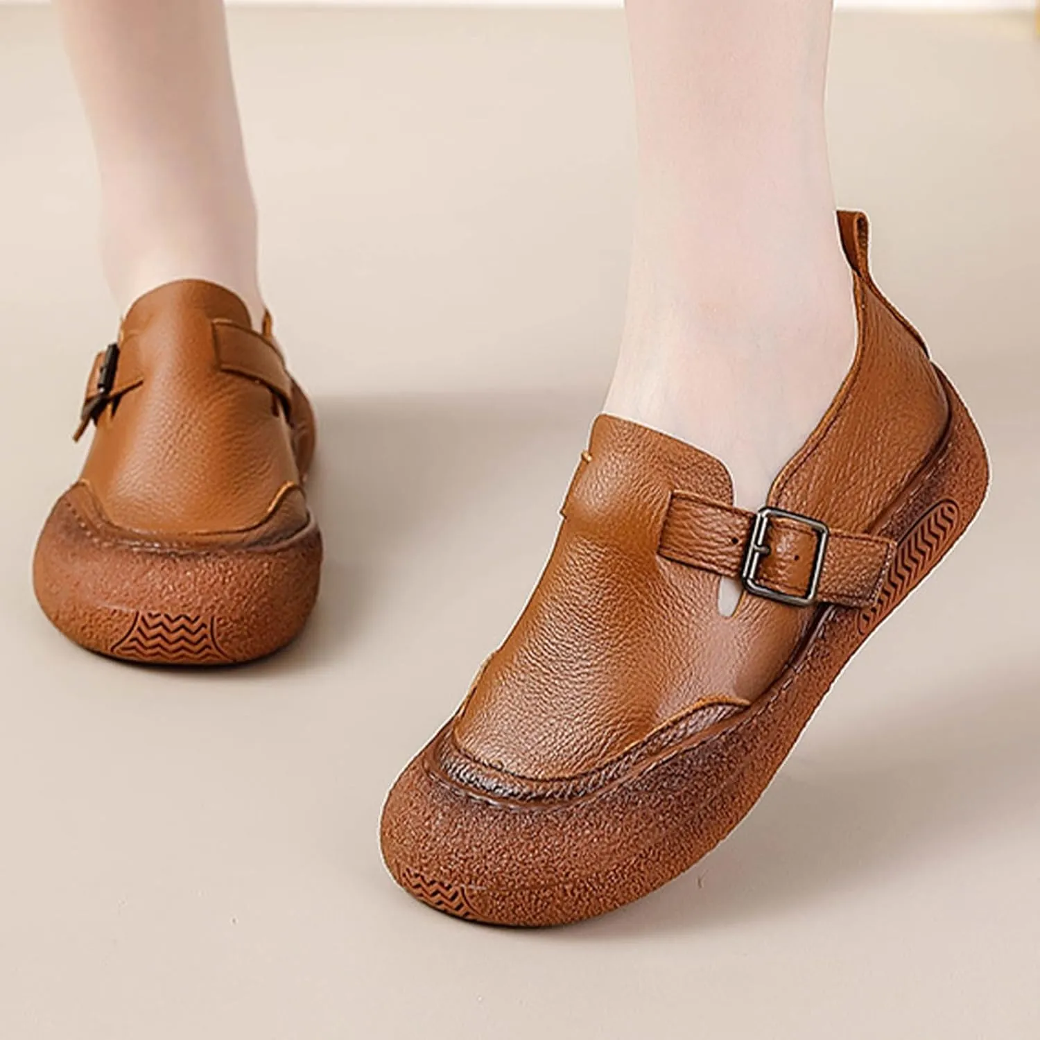 Women's Casual Cap Toe Leather Shoes,Vintage Comfortable Non-Slip Soft Sole Buckle Slip on Dress Flat Walking Loafers