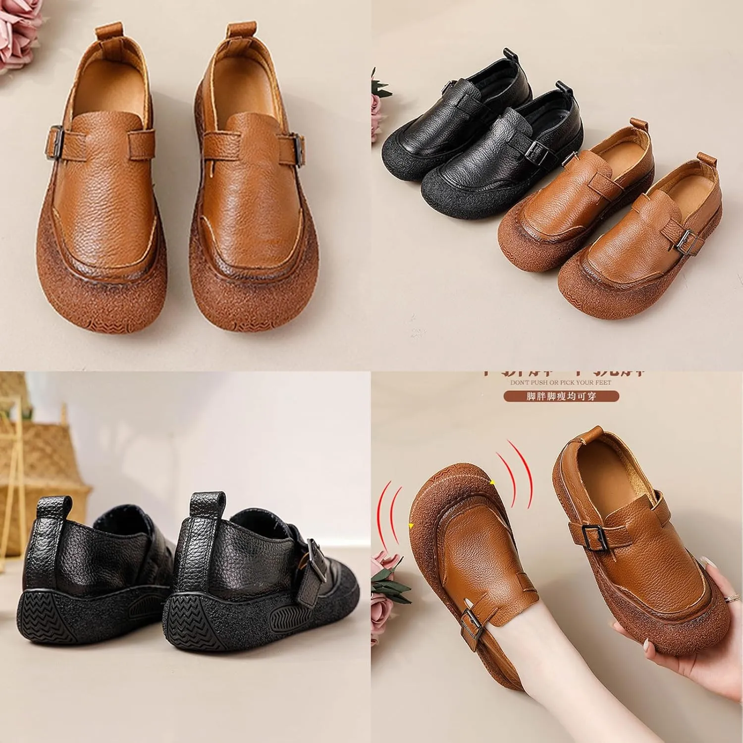 Women's Casual Cap Toe Leather Shoes,Vintage Comfortable Non-Slip Soft Sole Buckle Slip on Dress Flat Walking Loafers