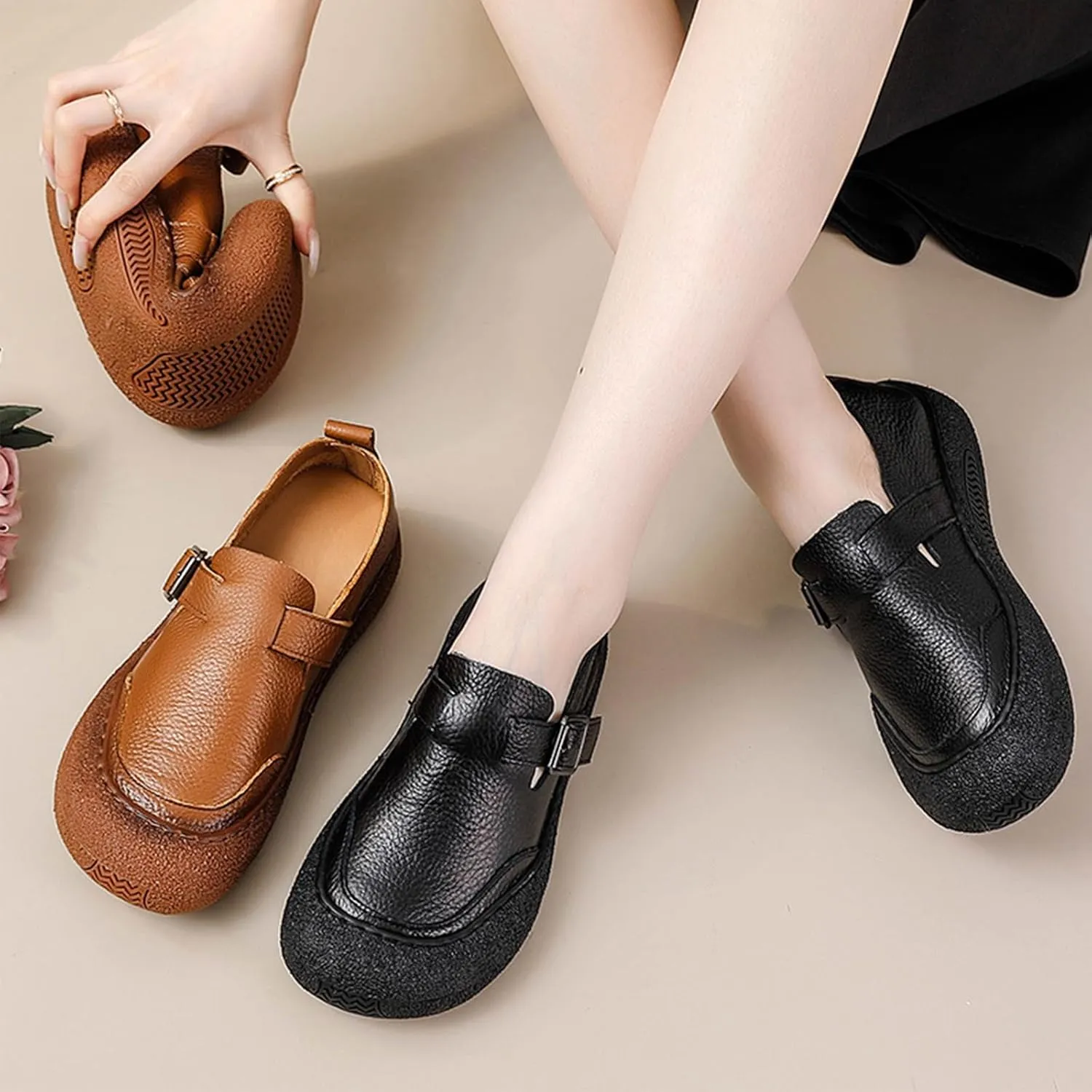 Women's Casual Cap Toe Leather Shoes,Vintage Comfortable Non-Slip Soft Sole Buckle Slip on Dress Flat Walking Loafers