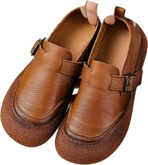 Women's Casual Cap Toe Leather Shoes,Vintage Comfortable Non-Slip Soft Sole Buckle Slip on Dress Flat Walking Loafers